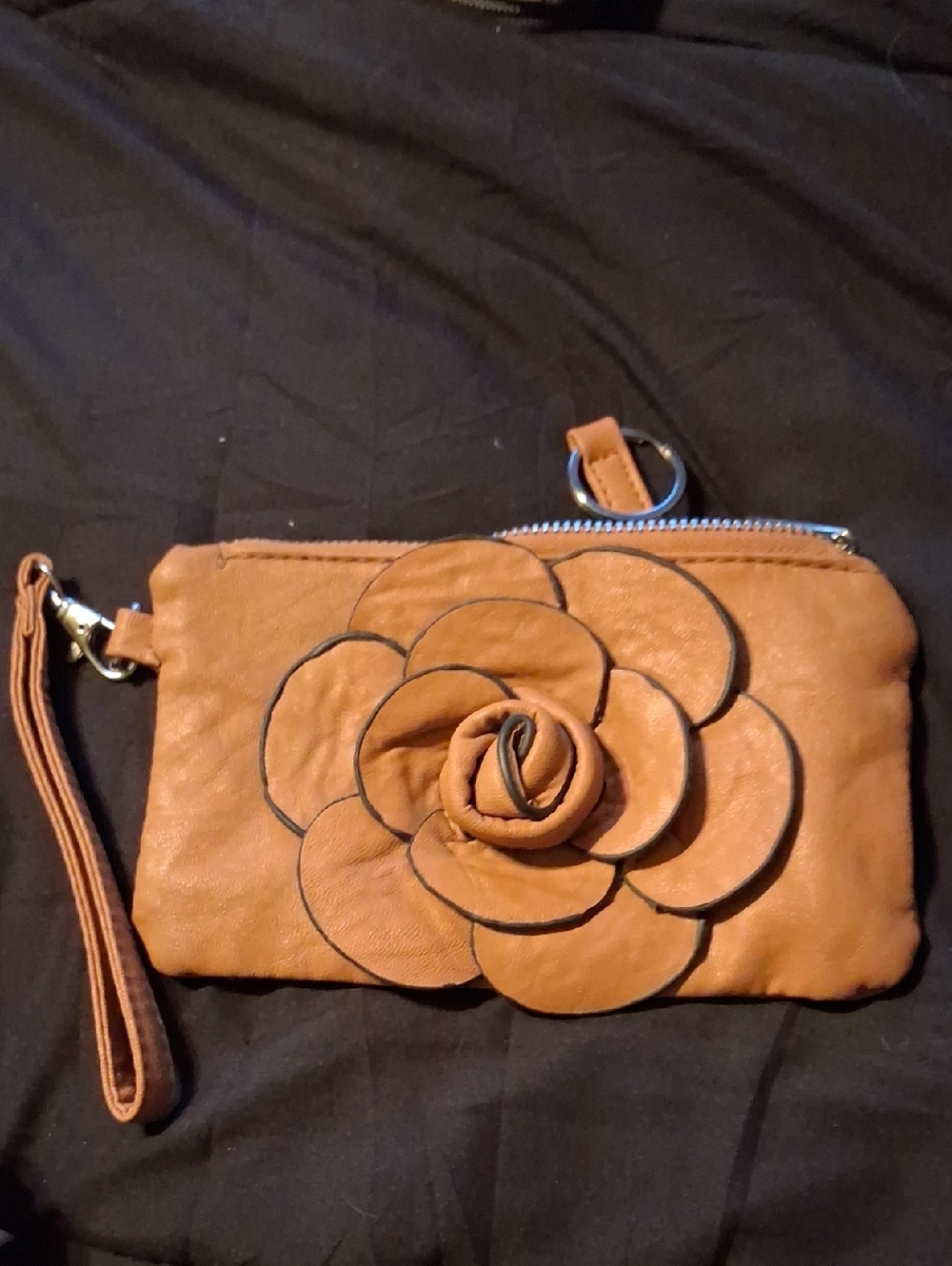 Tan Floral Wristlet Clutch with Removable Strap